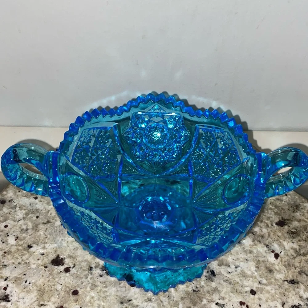 Vintage 1970s Kemple Wheaton Blue Glass Star Sawtooth Edge Handled Pedestal Bowl